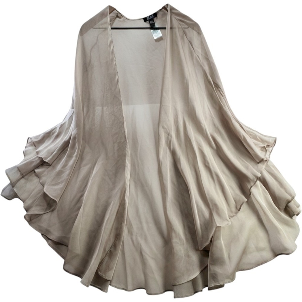 SLNY Sheer Chiffon Ruffle Hem Open Front Jacket Wrap 18W Beige Champagne Layer